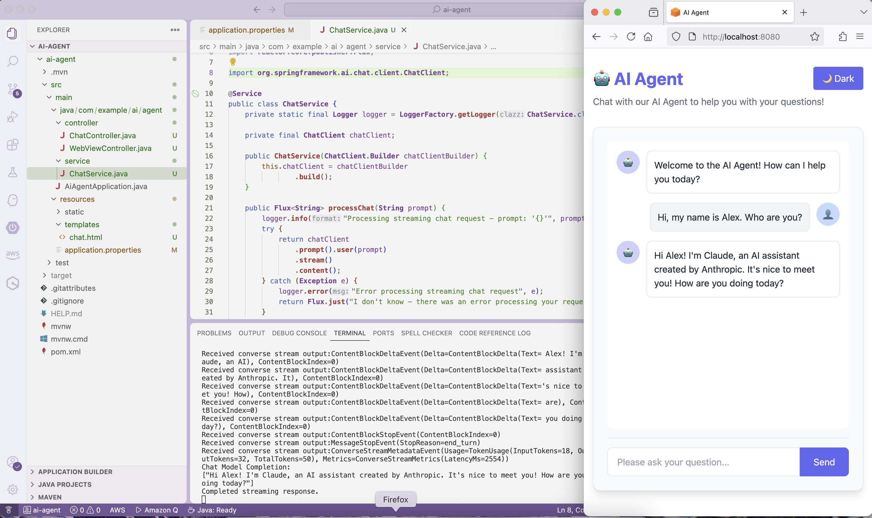 The first chat with the AI Agent